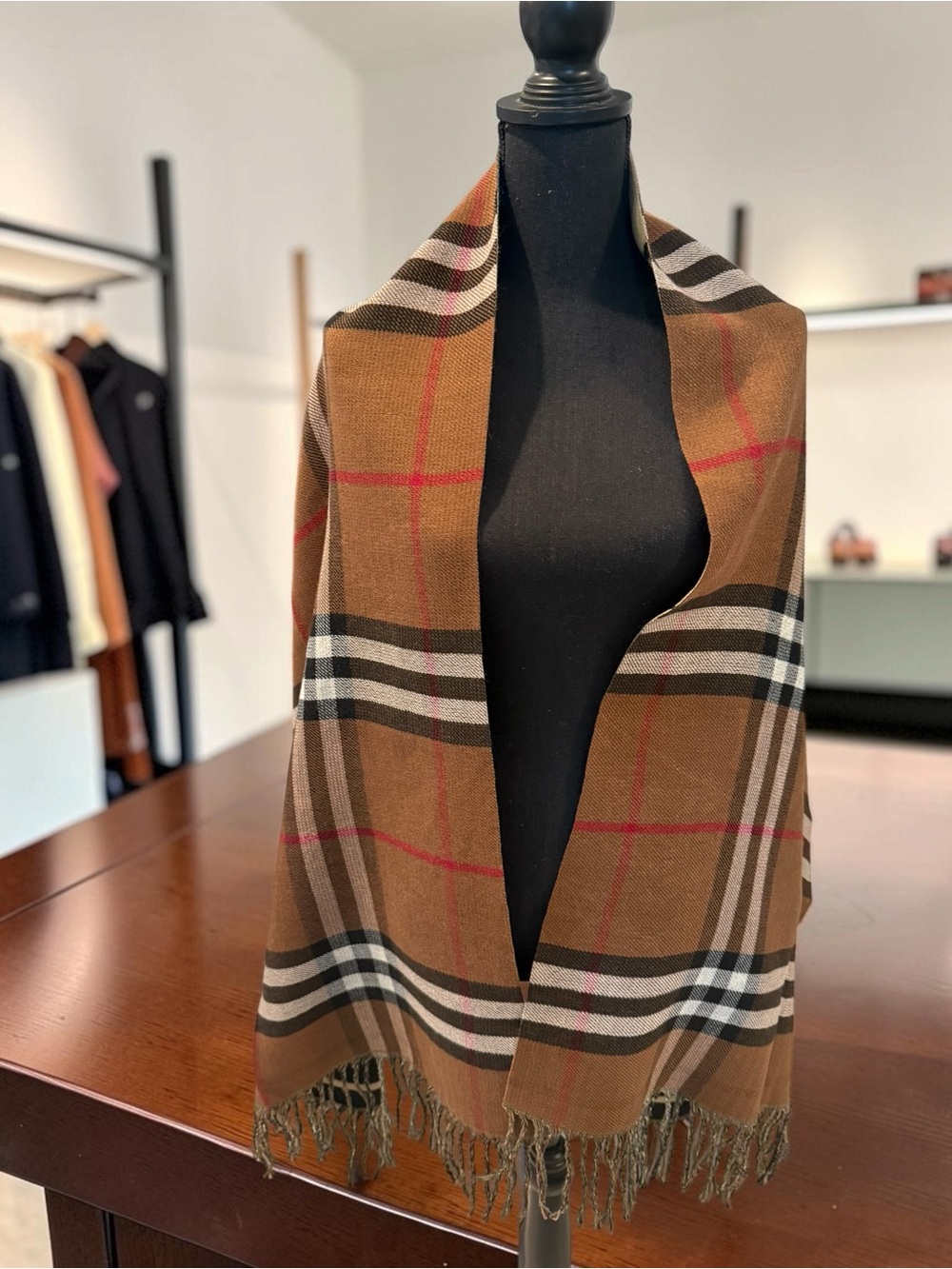 NWOT Source Unknown Double Sided Tan Plaid Fringe Wrap Scarf